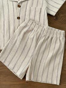 LMoss Kids 2pcs Baby Boy Contrast Color Knit Soft Collar Short Sleeve Top And Elastic Waist Shorts Set - Apricot - View 5