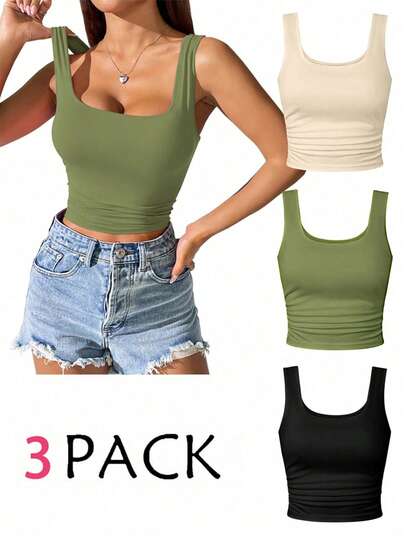 Elenzga Plus Size 3pcs/Set Minimalist Casual Daily Solid Color Tank Top