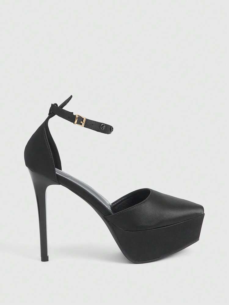 CUCCOO LuxiPop Spring/Summer New Fashion Crystal Embellished Ankle Strap Pointed Toe High Heel Platform Pumps, Elegant Sexy Satin Material Peep Toe Dress Shoes For Party, Date, Afternoon Tea, Valentine's Day, Vacation, Travel, 2000s Style