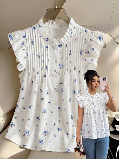 Elenzga Women's Elegant Ditsy Floral Cap Sleeve Blouse With Ruffle Design And Flared Sleeves, Suitable For Daily Wear, Afternoon Tea, Dates And Light Commuting