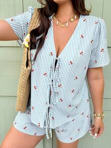 Vionelle 大码梭织条纹V领纹理短袖上衣和抽绳腰休闲短裤套装，夏季女装套装，夏季短款套装，女士度假装，女士度假服装，女士短款套装，夏季套装，女士海滨装，女士度假装，女士夏季上衣，女士夏季套装，女士夏季两件套，女士休闲衬衫，女士度假套装，女士夏季衬衫，女士野餐装，女士沙滩装 - 藍色 - 查看 5