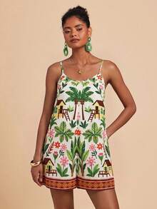 Travachic Tropical Print Camisole Jumpsuit, Casual Vacation Wear - Multicolor - View 1