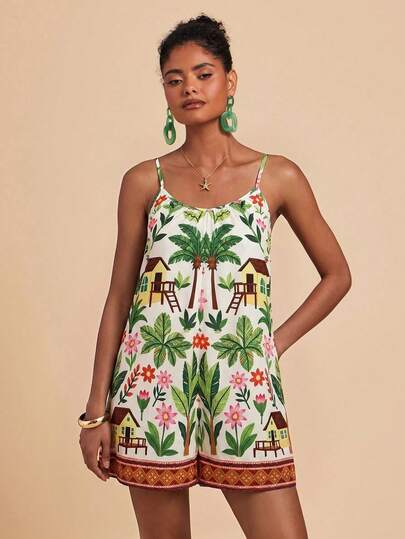Travachic Tropical Print Camisole Jumpsuit, Casual Vacation Wear
