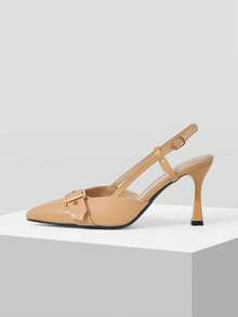Mnmlis Sepatu hak tinggi wanita polos minimalis dengan ujung runcing, untuk pemakaian sehari-hari. - Warna teh susu - View 1