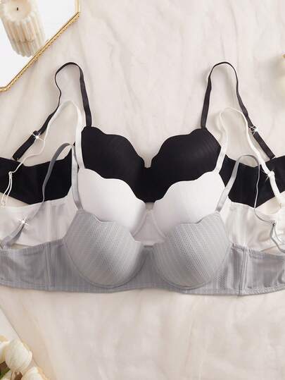 3pcs Women's Minimalist Bras With Underwire And Supportive Cups