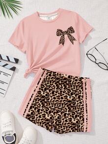 Cream Pink Retro American Leopard Print Bow Striped Pattern Summer Outfit, Teen Girl Casual Loose Round Neck Short Sleeve T-Shirt And Shorts 2-Piece Set, Suitable For Spring/Summer, Outdoor Picnic, Outing, Street Style, Home, Campus - Multicolor - View 3