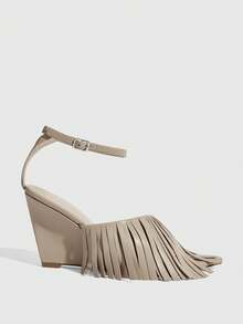 CUCCOO SZL Giày sandal cao gót đế xuồng thời trang thanh lịch dành cho nữ, có tua rua, thích hợp cho việc đi làm. - Màu be - Xem 3