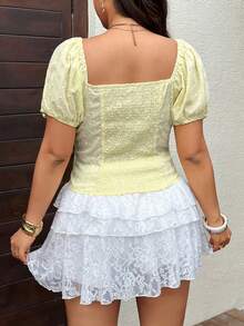 Sunnyshic Áo kiểu tay phồng ôm sát gợi cảm mới, áo croptop thêu họa tiết thiết kế mùa hè dành cho nữ. - Màu vàng - Xem 3