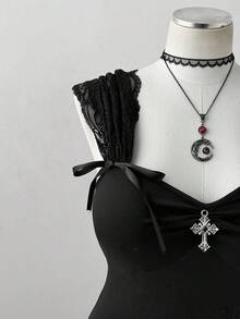 Sunspun Đầm chữ A ôm sát, chất liệu dệt kim co giãn, ren tối màu. - màu đen - Xem 4