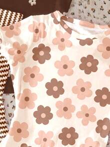 三件套奶油白、棕色条纹、摩卡棕色圆领短袖基础款T恤，BM风格花卉系列，适合少女日常休闲穿着、居家、度假、春夏装扮 - 彩色 - 查看 3