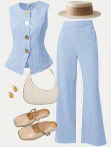 Girlism Teen Girls Sleeveless Top And Pants Set, Metal Button Closure, Elegant Retro Style,Kids - Baby Blue - View 12