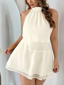 Auralis 露背吊带收腰双层荷叶边后摆系带杏色优雅性感褶裥大码连衣裙/办公室美人鱼款/迷人短款迷你连衣裙 - 米色 - 查看 6