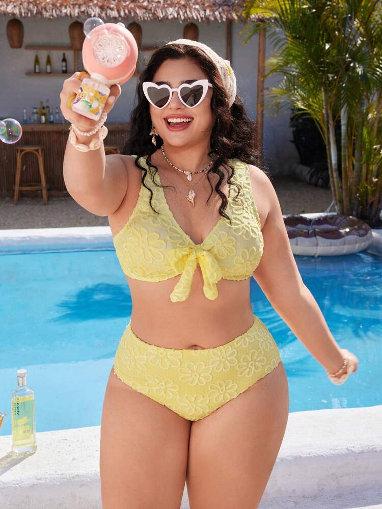 Swim Mod Plus Size Women's Yellow Thick Strap Swimsuit Set With Side Drawstring, Suitable For Beach & Summer - Yellow - View 5