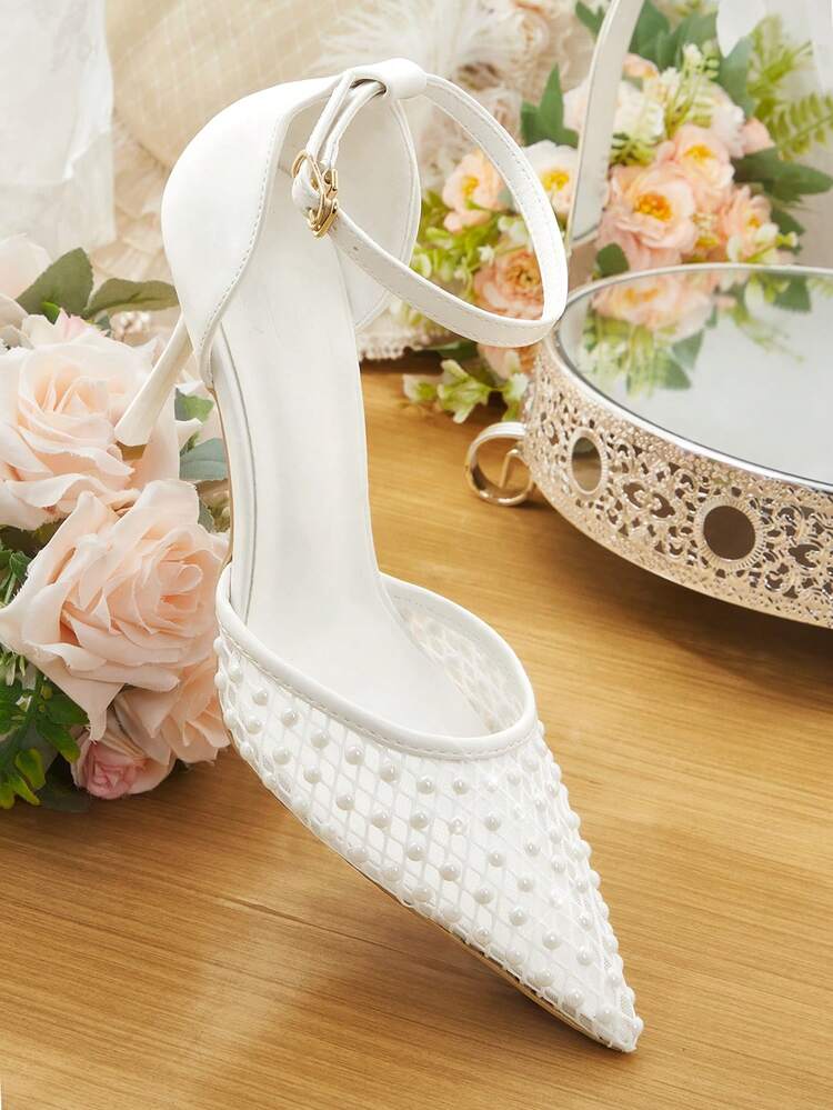 CUCCOO HITCHD Pointed Toe Breathable Mesh Pearls Hollow-Out Fashionable Elegant Sexy Fairy Formal White High Heels Wedding Shoes Summer Shoes Bride Shoes