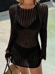 Livesso 女士圆领长袖蕾丝面料露背针织修身短款沙滩罩衫泳衣 - 黑色 - 查看 1