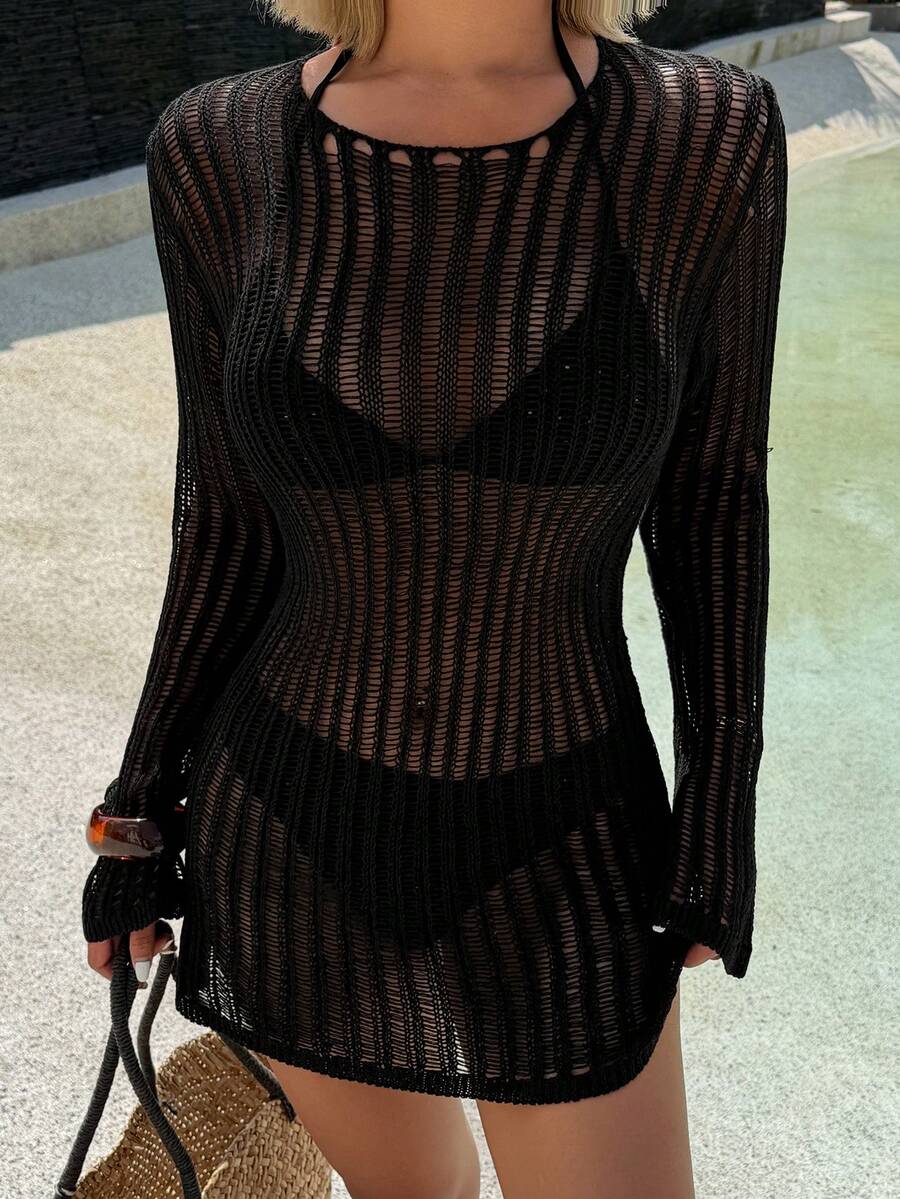 Livesso 女士圆领长袖蕾丝面料露背针织修身短款沙滩罩衫泳衣 - 黑色 - 查看 1