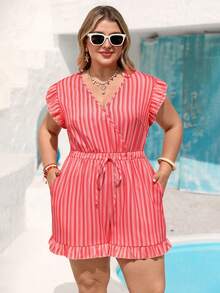 Vivid Eden Plus Size Striped Frill Trim Jumpsuit,Women's Red Summer Boho Satin Vacation Holiday Casual Beach Outfits, Festival Zoey Zante Zanzea Dress - Red - View 1