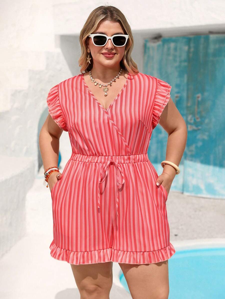 Vivid Eden Plus Size Striped Frill Trim Jumpsuit,Women's Red Summer Boho Satin Vacation Holiday Casual Beach Outfits, Festival Zoey Zante Zanzea Dress - Red - View 1