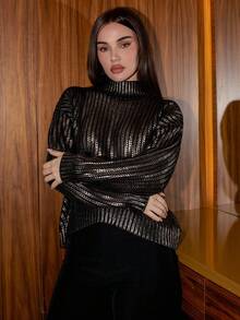 Bris Aura High-End French Style Gold Foil Embellished Crew Neck Sweater Knit Pullover Fall Winter Sweater - Gold - View 3