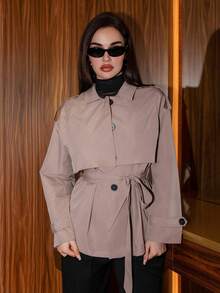 Bris Aura 女式休闲单排扣收腰风衣，秋季 - 卡其色 - 查看 1