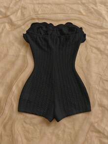 Soleia 度假风夸张荷叶边无肩带女士派对连体裤，适合圣诞节、约会、夜店、波西米亚风、度假、秋季女装、复古风 - 黑色 - 查看 2