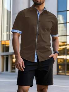 Manfinity Homme Plus Size Men's Contrast Color Short Sleeve Single-Breasted Casual Shirt - Brown - View 3