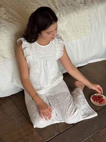 DAZY Đồ ngủ thêu kiểu Pháp cho bé gái, quần áo mặc nhà dễ thương, mùa xuân/hè, quần áo mùa thu cho bé gái tuổi teen, quần áo mặc nhà cho bé gái tuổi teen - Màu be - Xem 7