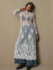 Freevana Đầm ren đen phong cách Bohemian cổ điển cỡ lớn, thanh lịch, đa năng, thích hợp mặc hàng ngày, đầm dự tiệc mùa xuân sớm dành cho phụ nữ. - trắng - Xem 3