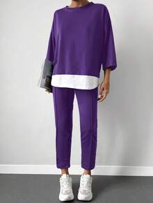 Cottnline 2pcs Women Casual Set: Contrast Color Round Neck Drop Shoulder 3/4 Sleeve T-Shirt And Pants - Purple - View 5