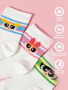THE POWERPUFF GIRLS X SHEIN 3双装女童纯棉柔软透气吸湿儿童中筒袜，白色可爱卡通图案，加固趾跟，经久耐穿，四季皆宜，适合学校和户外活动，夏季冬季皆可穿着，花朵泡泡毛毛图案。 - 彩色 - 查看 3
