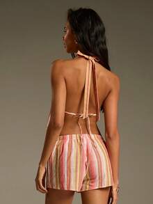Athîral Women's Vacation Casual Striped Backless Halter Top And Shorts 2 Pieces Set - Multicolor - View 2