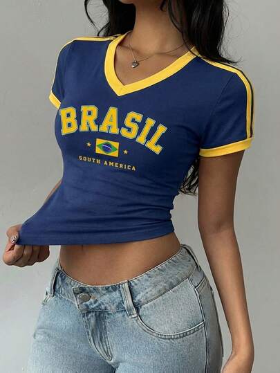 SHEIN EZwear Casual Striped Colorblock Brazil Flag & Letter Graphic V-Neck T-Shirt, Suitable For Match Day, World Cup, Fan Merchandise