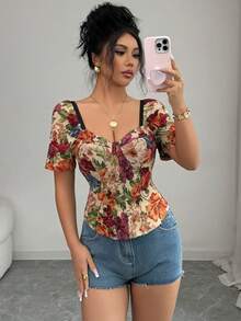 Pariaura Áo ngắn tay nữ tay ngắn, họa tiết hoa jacquard hình trái tim nhiều màu sắc, ôm eo, thích hợp cho kỳ nghỉ lãng mạn. - Nhiều màu - Xem 7