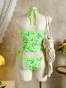 Swim Mod Casual Cute Tropical Ditsy Floral Halter Bikini Set - Multicolor - View 2