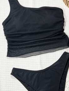 Swim Chiccia 黑色连体不对称领口网纱拼接褶皱休闲优雅女士沙滩吊带泳衣套装 - 黑色 - 查看 3