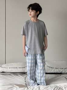 DAZY Tween Boy Solid Color Short Sleeve Top And Plaid Pants Pajama Set Summer - Grey - View 3