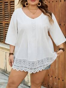 SHEIN CURVE+ Curve 尺码 US22 音乐节、海滨度假、波西米亚风女士夏季休闲/度假/工作 V 领撞色蕾丝褶皱下摆衬衫 - 白色 - 查看 5