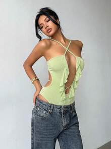 Aloruh Women's Spring/Summer Vacation Solid Green Romper With Ruffled Hem, Criss-Cross Spaghetti Straps, Backless Sexy Bodysuit - Green - View 5