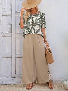 EMERY ROSE Women's Tropical Plant Print Shirt And Wide Leg Pants Casual 2 Pieces Set - Multicolor - View 6