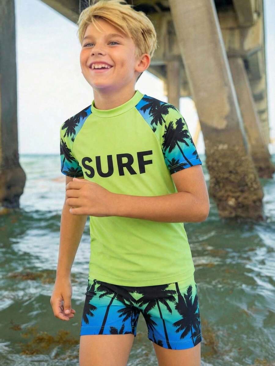 SHEIN Tween Boy Casual Minimalist Round Neck Short Sleeve Shorts Swimsuit Set, Suitable For Summer