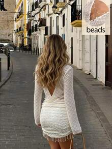 Siren Gaze Southern France Holiday Summer Crochet Hollow-Out V-Neck Slim Waist Pearl Embellished Long-Sleeved Dress Sexy Fitted Bodycon Mini Skirt Elegant Goddess Style Island Vacation Dress - Apricot - View 2