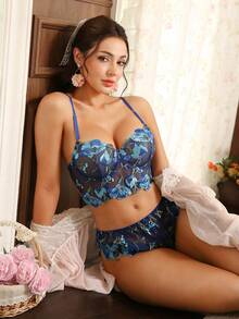 2pcs Sexy Lingerie Set With Floral Embroidery Fabric, Underwire Bra With Hollow Back Design, Ruffle Trim Panties, Sensual Style - Multicolor - View 7