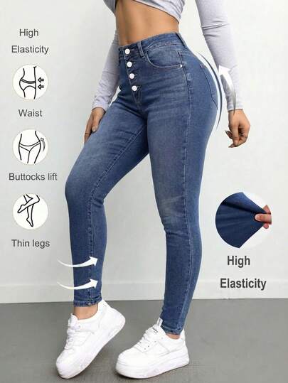 Jeans ajustado para mujeres para uso casual diario ,Pantalones vaqueros azules ajustados elásticos ,Vístete cómoda y con estilo, Pantalones Skinny Jeans de Mezclilla, Efecto Levanta Glúteos, Diseño de múltiples botones, Jeans pitillo con estampado de bigotes de gato para atuendo diario