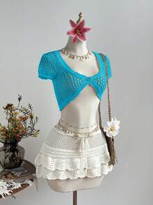 Elamini 女士度假沙滩纯色镂空针织短款开衫 - 藍色 - 查看 3