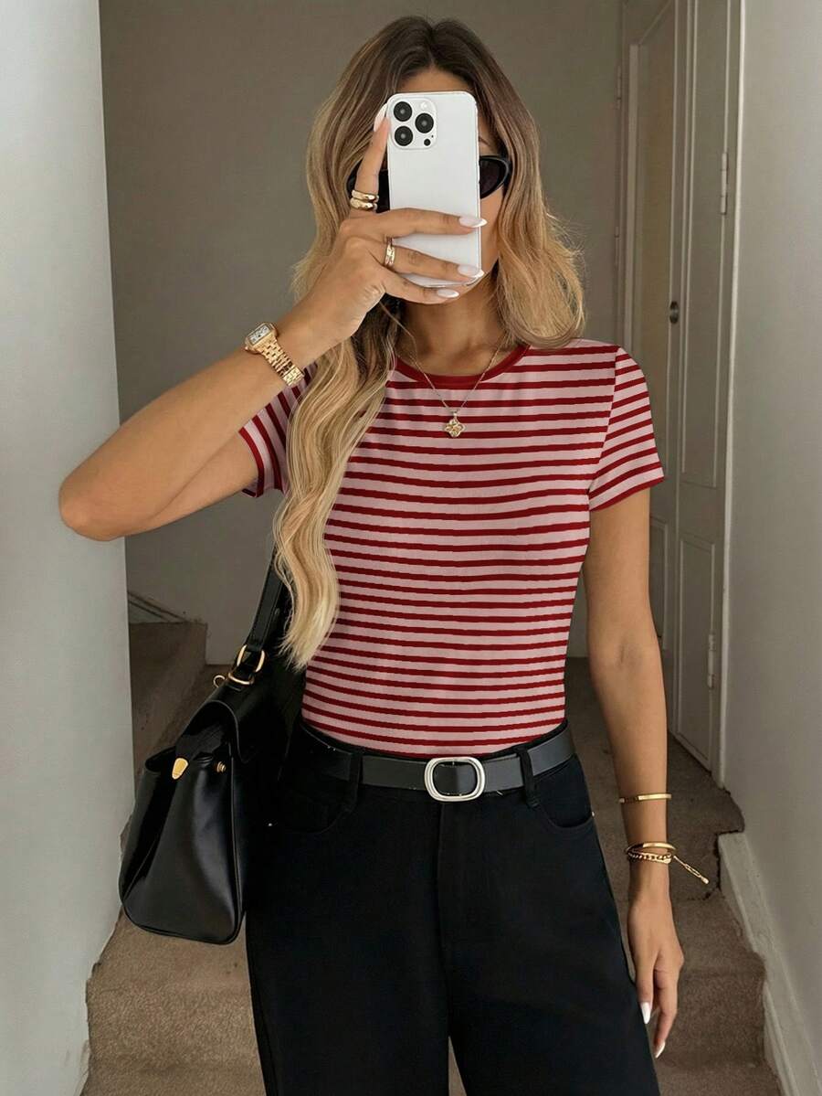 SHEIN LUNE Áo thun nữ cổ tròn, ôm dáng, tay ngắn, kẻ sọc, thích hợp cho lễ hội mùa xuân/hè, trang phục thường ngày. - Nhiều màu - Xem 1
