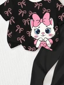 黑色可爱猫咪动物印花休闲舒适柔软圆领宽松短袖T恤和打底裤套装，适合春夏日常、街头风、外出、居家、度假、返校、开学等场合，女童服装 - 彩色 - 查看 7