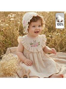 Loomiva Conjunto de vestido y sombrero con volantes y estampado floral crema para bebé niña, de verano - Beis - Ver 3
