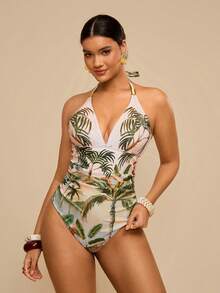 Travachic 大码休闲夏季热带沙滩彩色花卉复古印花V领性感连体泳衣 - 彩色 - 查看 3