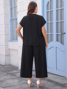 Miaspire Plus Size Elegant Pearl Embellished Shirt And Pants 2 Pieces Set, Summer - Black - View 3