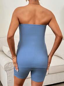 SHEIN 两件套孕妇纯色抹胸上衣和可调节腰围短裤休闲日常穿着套装 - 藍色 - 查看 2